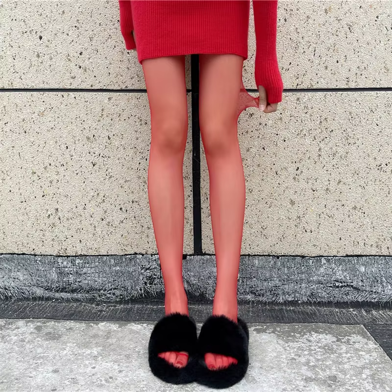 Collants anti-crochet en velours rouge chinois pour femmes