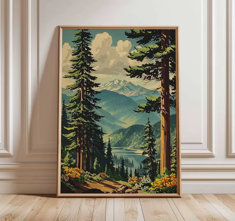 Affiche murale en toile rétro montagne-foret, impression de paysage naturel sans cadre pour la décoration du salon et de la chambre à coucher, 1 pièce