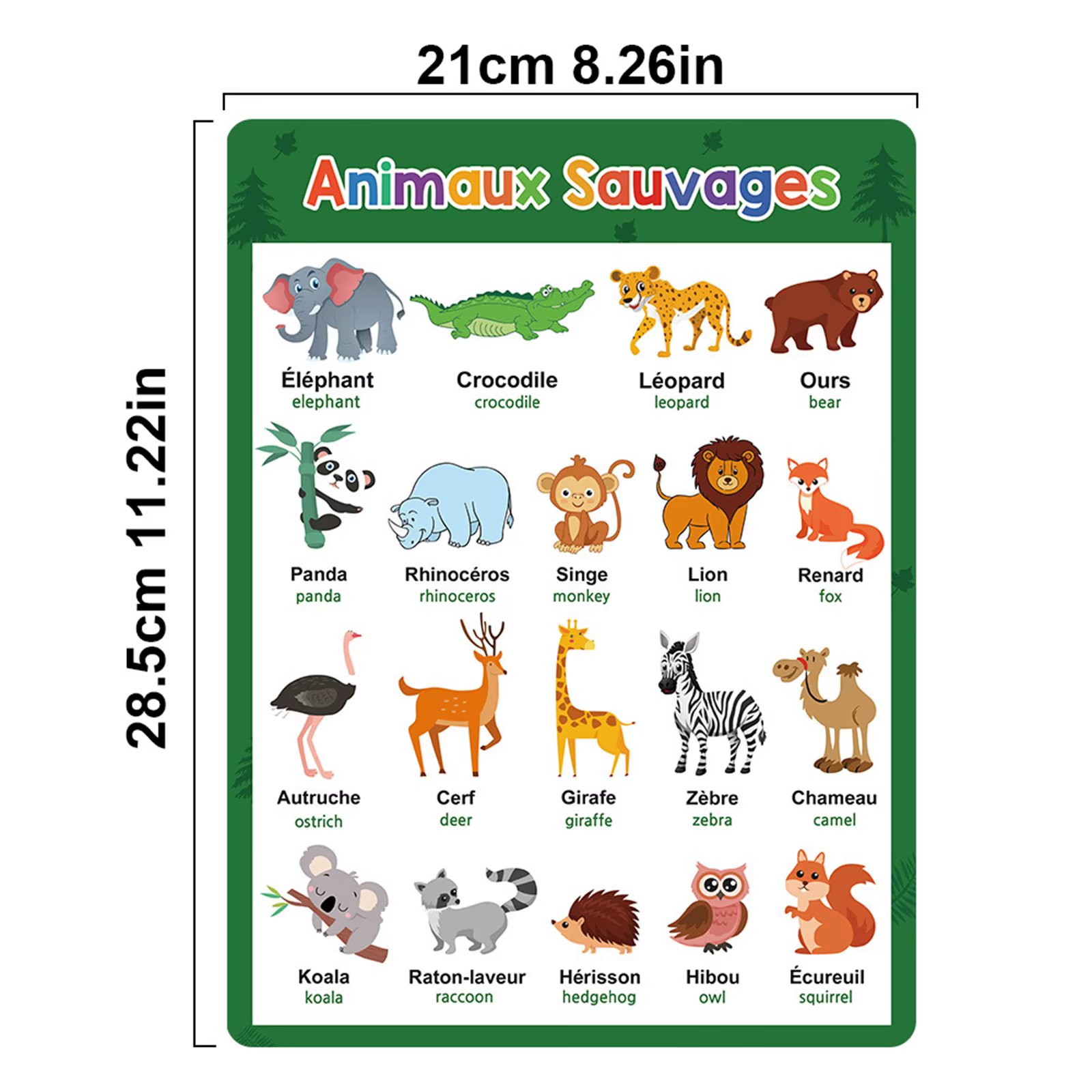 Affiche d'apprentissage du français avec animaux, lettres, fruits, mots, outil d'éducation précoce pour la maison et l'école