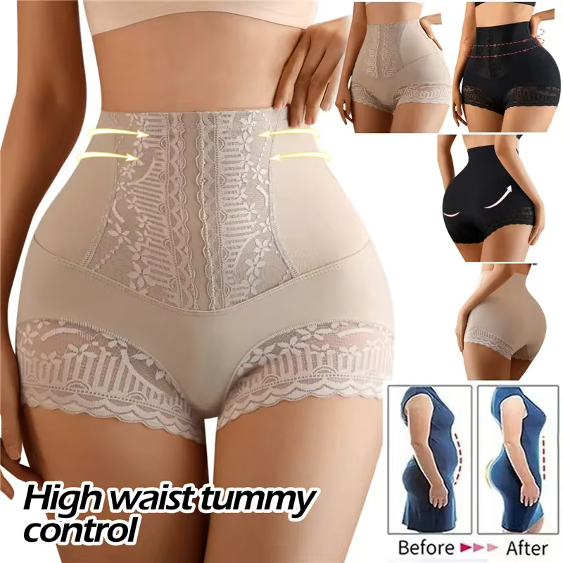 Femmes sans couture taille haute ventre contrôle Shorts culottes avec dentelle garniture