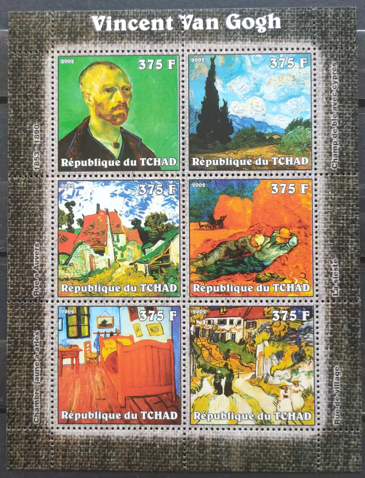 Timbres-poste du Tchad 2002 Peintures de Van Gogh 1 Feuille Souvenir 6 Nouveaux Timbres-poste de Collection Matériel pour Scrapbooking