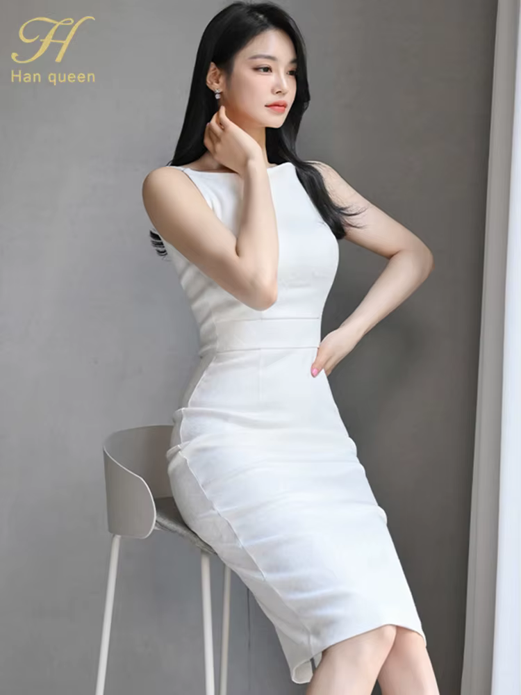 H Han Queen nouvelle femme vêtements mince blanc gaine crayon robe d'été bureau fête robes élégantes pour les femmes mode Vestido