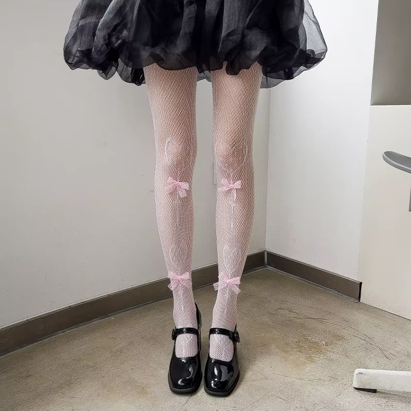 Collants en velours rose avec nœud brodé de perles