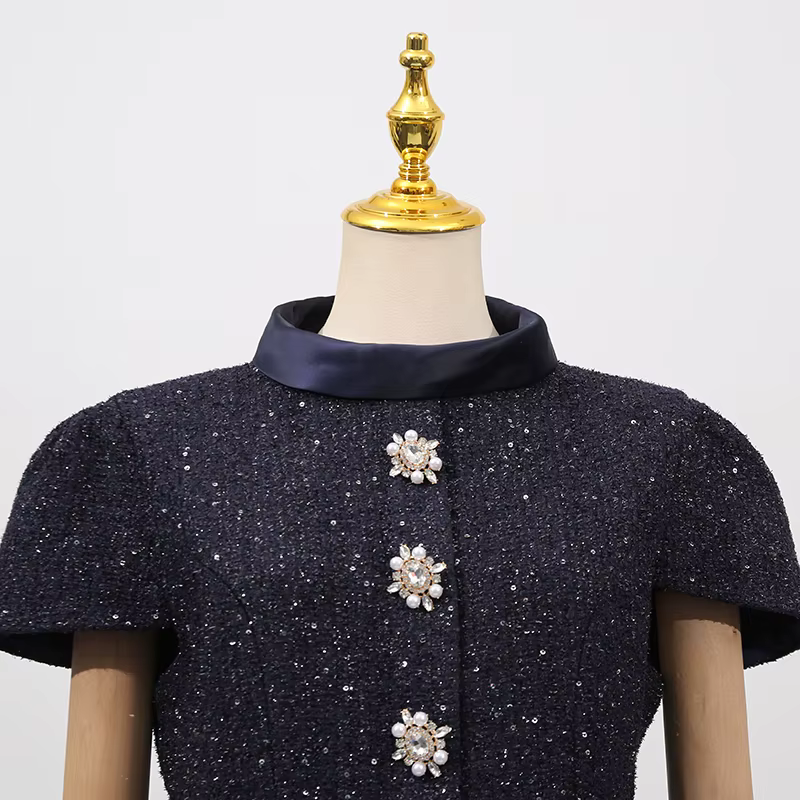 KBQ minceur deux pièces ensemble pour femmes col montant manches courtes épissé simple boutonnage haut taille haute jupe