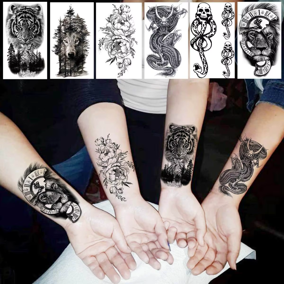 52 feuilles de tatouages temporaires crâne noir pour hommes femmes bras cou tatouages pâte fausse petite fleur serpent de montagne animaux tatouages 3D