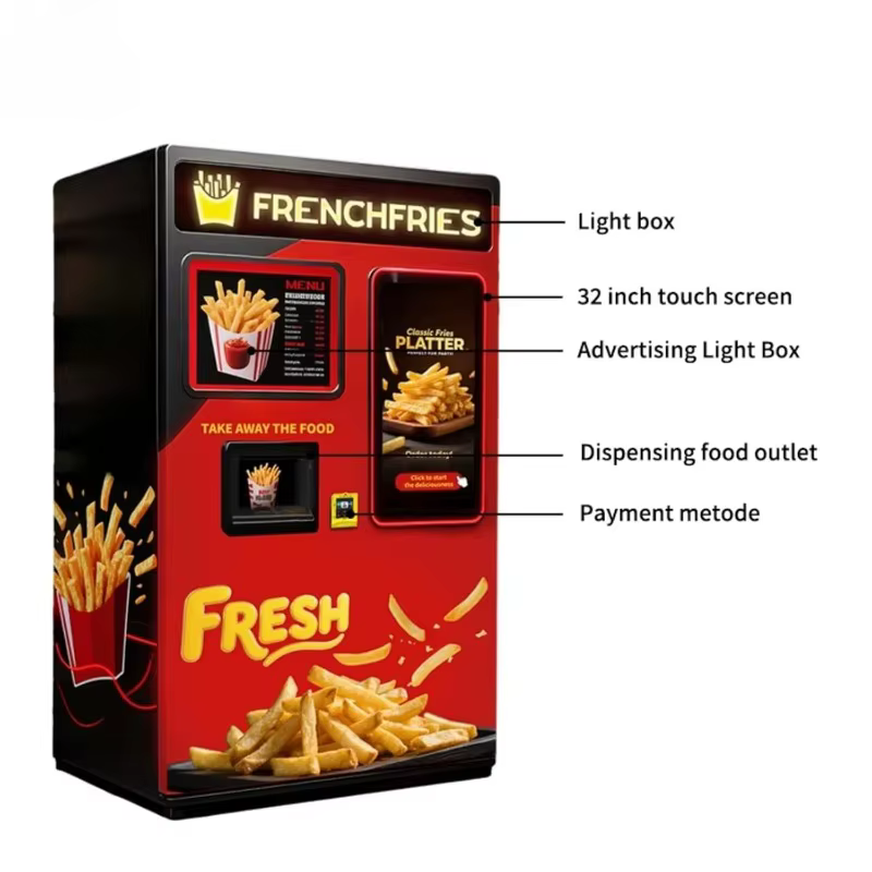Distributeur automatique de frites personnalisé avec écran tactile intelligent et paiement sans espèces, adapté aux cinémas et aux stades