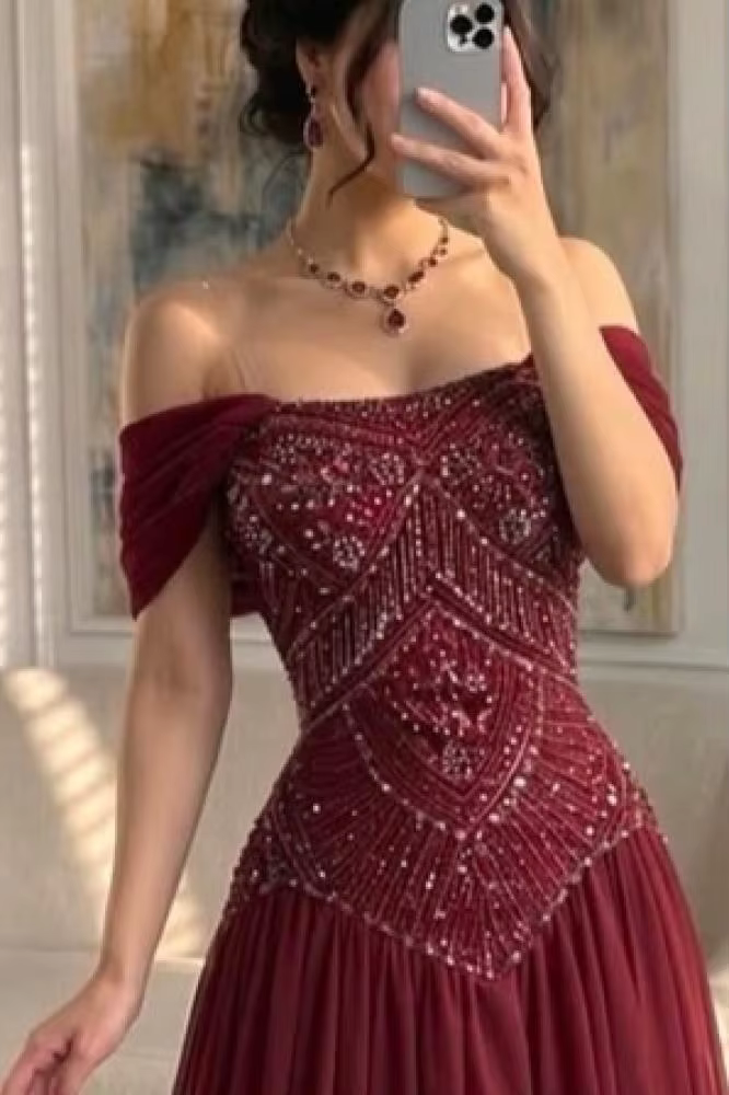 Robes de bal personnalisées bordeaux, coupe trapèze, épaules dénudées, pour occasions formelles, longueur cheville, pour mariage et soirée