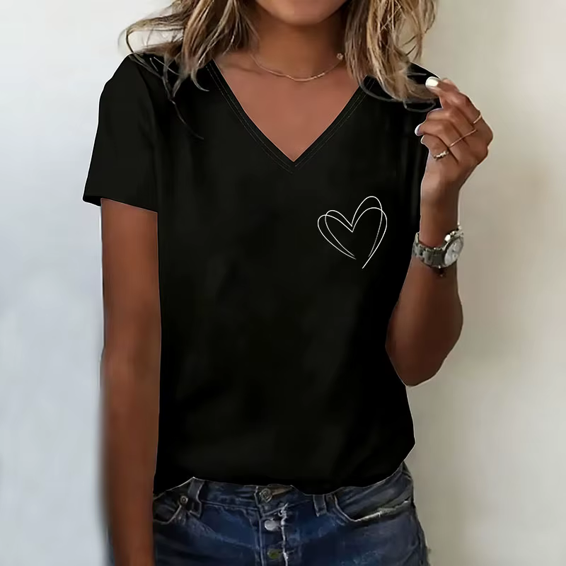 T-shirt col en V décontracté à imprimé cœur pour femme, manches courtes, collection été-printemps 2026