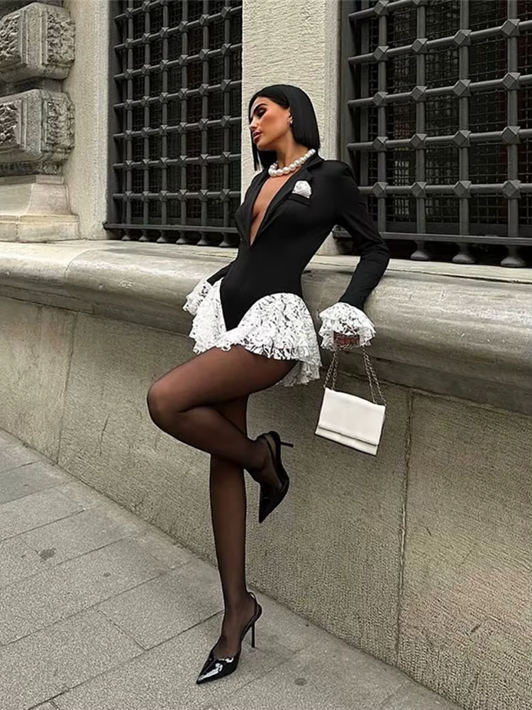 Kliou dentelle Patchwork body femme col bas manches évasées contraste conception volants ourlet filles chaudes rue Sexy mode moulante