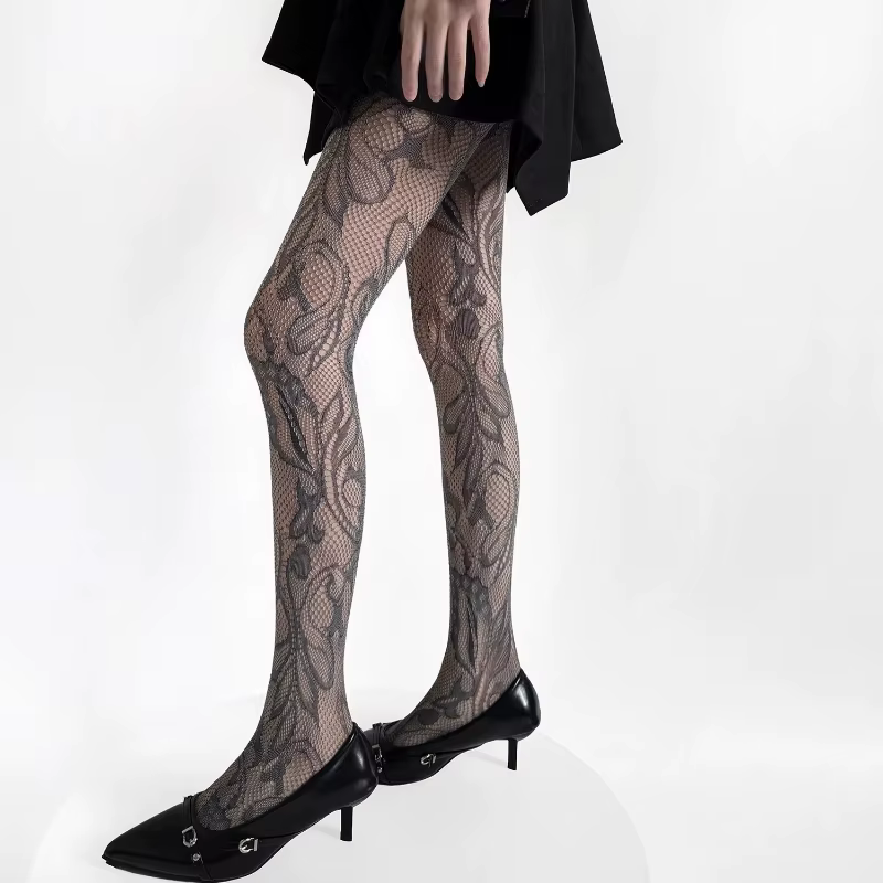 Collants Résille Vintage Français en Dentelle Florale Transparente