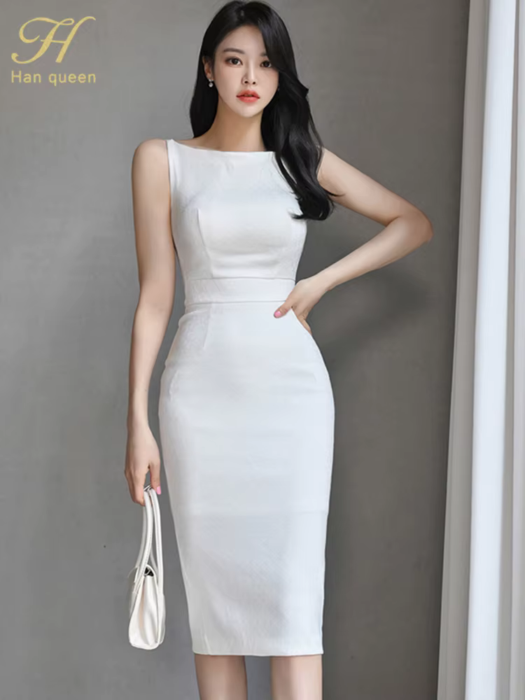 H Han Queen nouvelle femme vêtements mince blanc gaine crayon robe d'été bureau fête robes élégantes pour les femmes mode Vestido