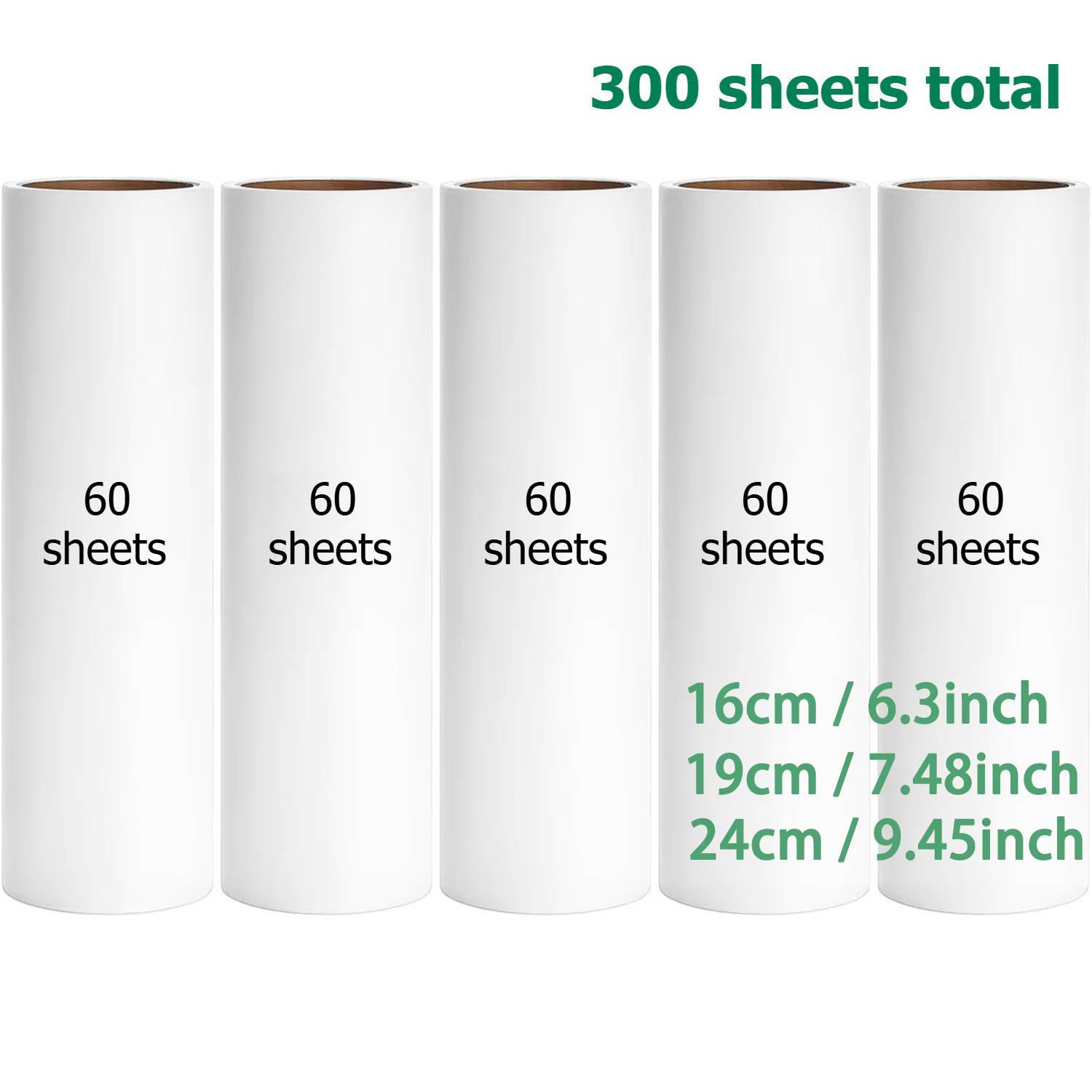 Recharges de rouleaux anti-poils de 6,3/7,48/9,45 pouces, extra collantes, pour poils d'animaux, 60 feuilles par rouleau, lot de 5, 300 feuilles au total