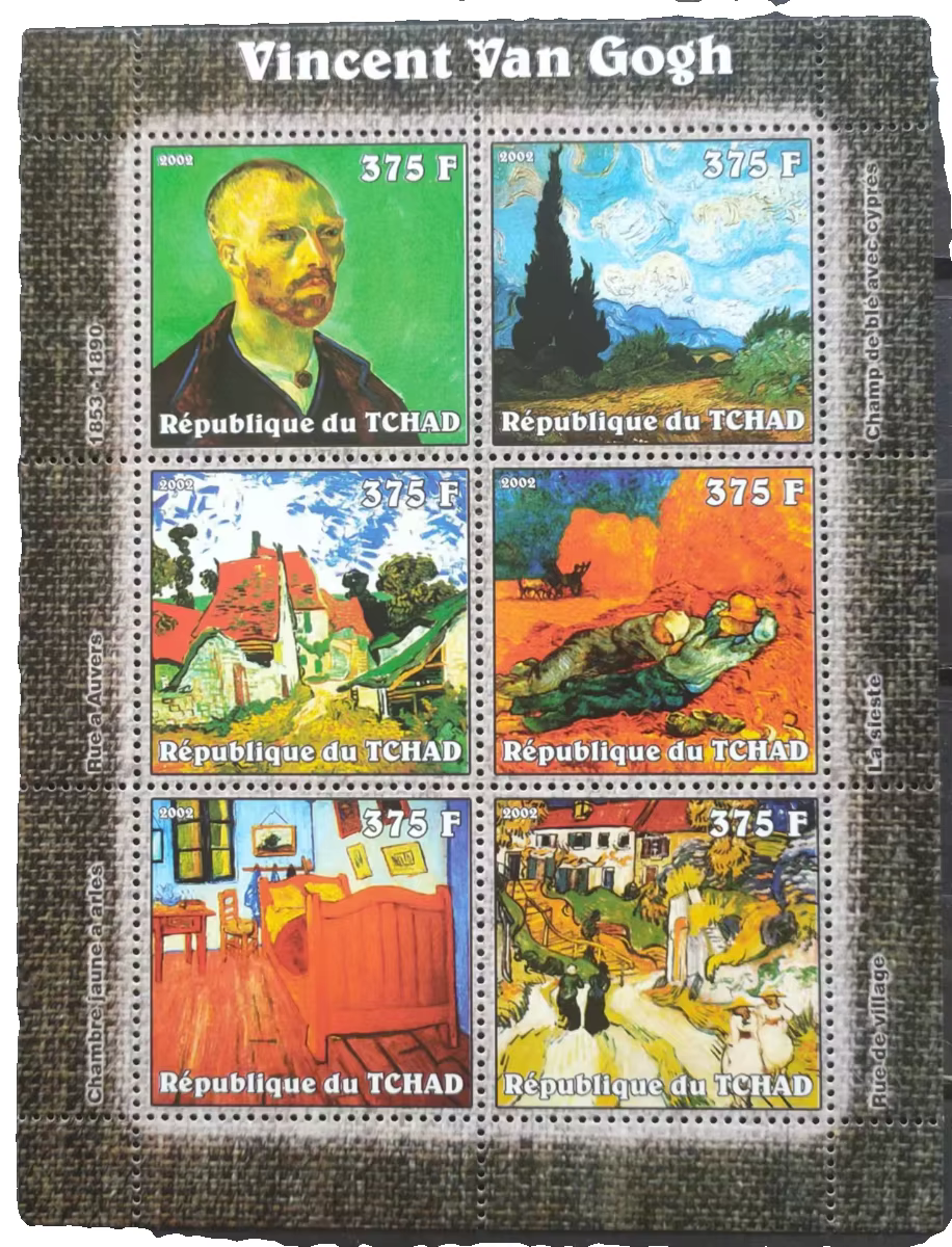 Timbres-poste du Tchad 2002 Peintures de Van Gogh 1 Feuille Souvenir 6 Nouveaux Timbres-poste de Collection Matériel pour Scrapbooking