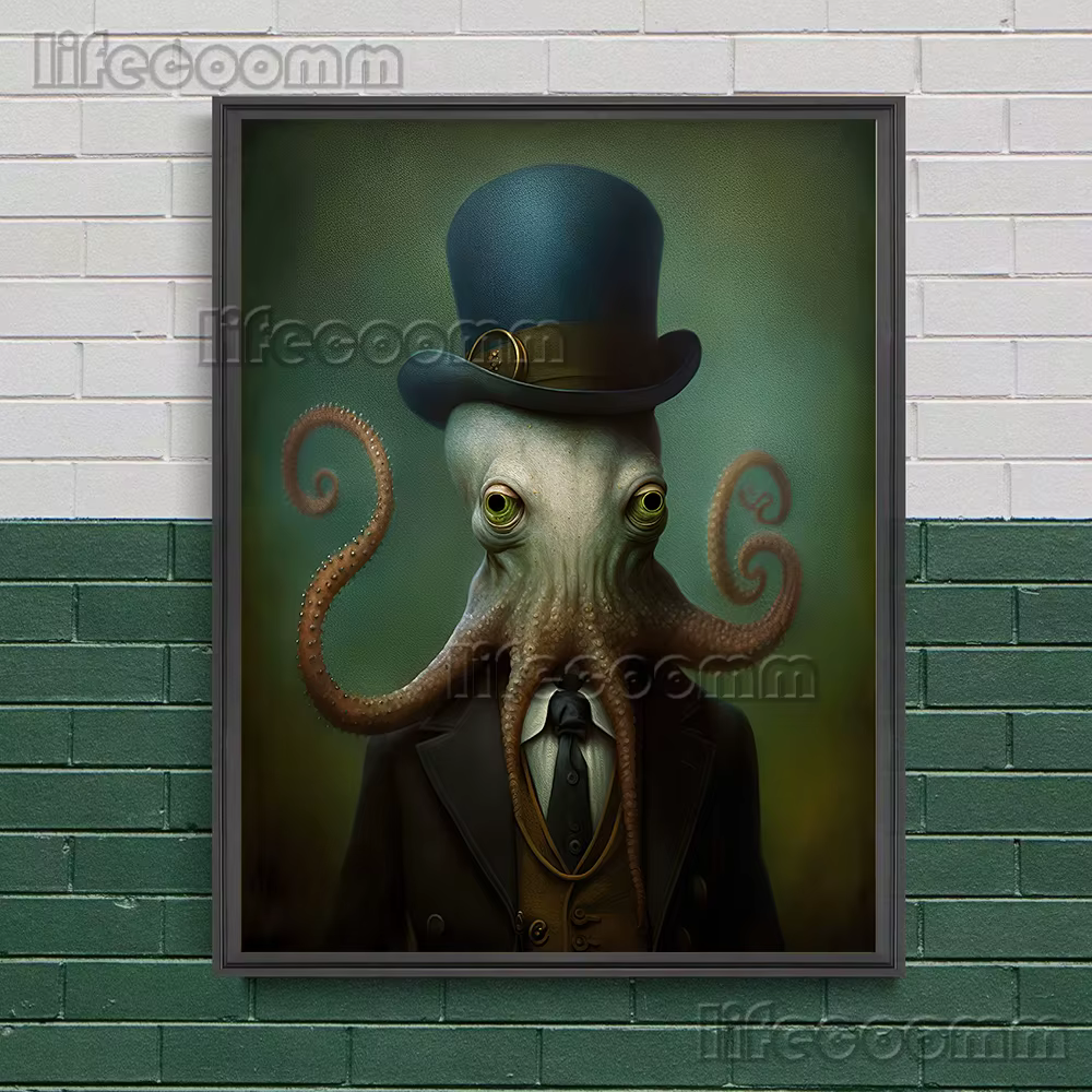 Pieuvre victorienne dans un chapeau haut de forme et Kraken Sea Diver, Art mural vintage, Peinture sur toile, Animal océanique drôle, Affiche imprimée, Décor