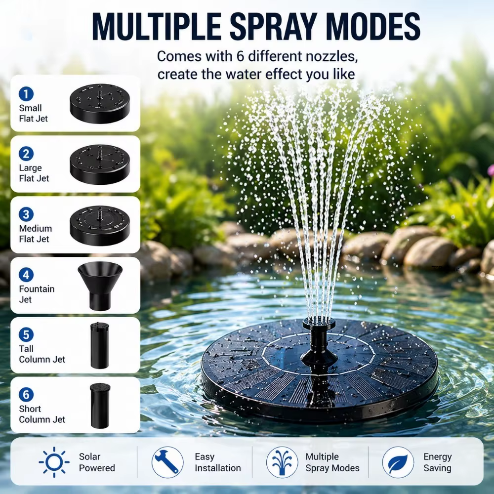 Pompe à eau solaire avec 6 buses, fontaine d'extérieur pour bain d'oiseaux, jardin, étang, piscine, décoration d'aquarium