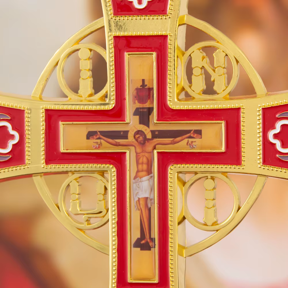 Nouvelle croix orthodoxe de bénédiction avec support pour la décoration de la maison d'église, icône de la Passion de jésus, boîte cadeau en croix émail rouge et bleue