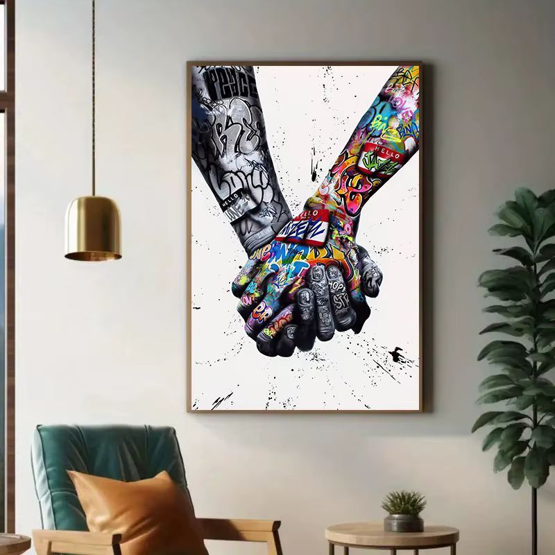 Affiche de toile de graffiti de couples d'amour tenant les mains, impressions d'art de mur de toile abstraite, oeuvre moderne pour le salon, décor à la maison