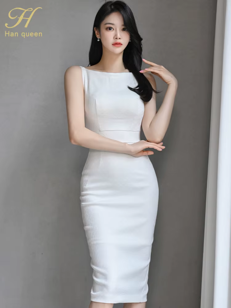 H Han Queen nouvelle femme vêtements mince blanc gaine crayon robe d'été bureau fête robes élégantes pour les femmes mode Vestido