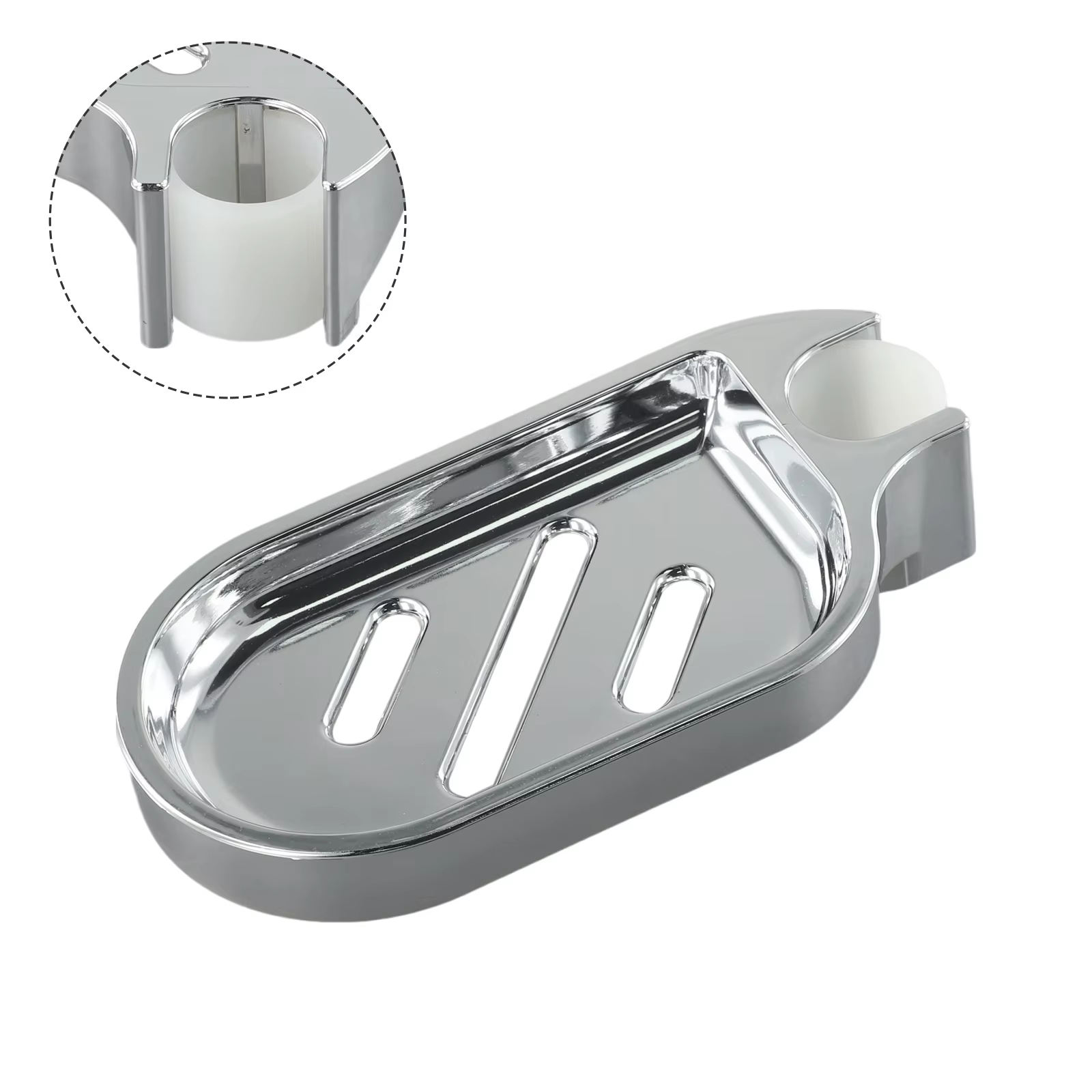 Plateau à savon de douche relevable mural avec conception de vidange creuse ABS argent chromé pour Installation de tige de salle de bain 17x8.5cm