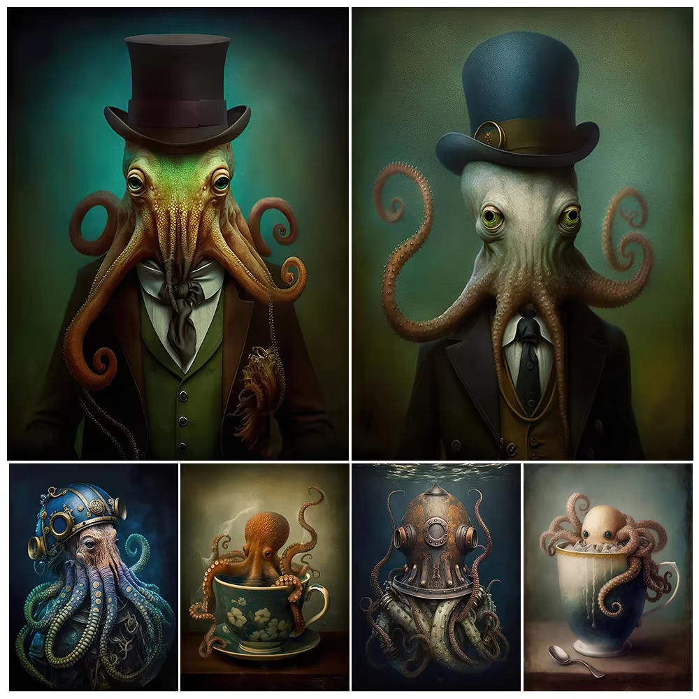 Pieuvre victorienne dans un chapeau haut de forme et Kraken Sea Diver, Art mural vintage, Peinture sur toile, Animal océanique drôle, Affiche imprimée, Décor