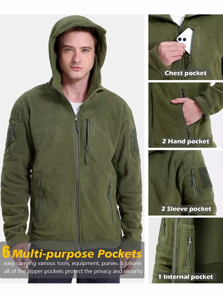 Veste polaire de chasse pour hommes, veste tactique polaire d'extérieur, randonnée, chasse, hiver, chaud, fermeture éclair complète, sweat à capuche militaire multi-poches
