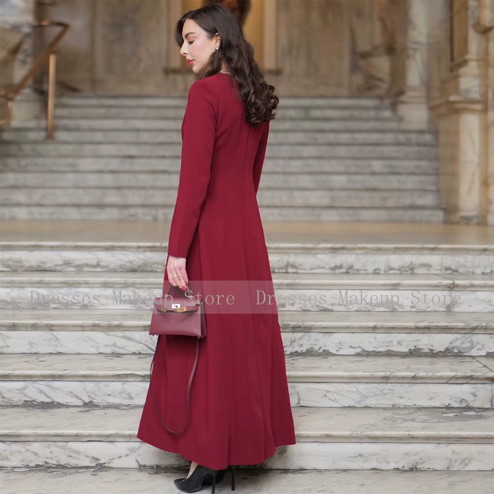 Robes de cocktail bordeaux personnalisées pour femmes 2026 – Col en V, manches longues, coupe trapèze, longueur cheville, robe de soirée moderne pour invitées de mariage, modèle maxi
