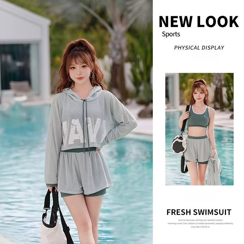 Ensemble tankini 3 pièces pour femme en tricot gaufré, avec haut à capuche zippé à manches longues, short double couche à cordon de serrage, maillot de bain d'été pour la plage