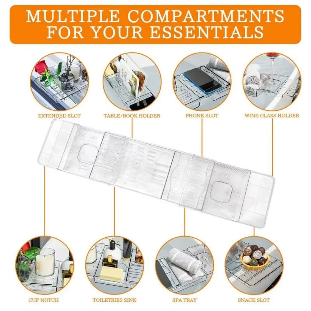 Support de baignoire transparent réglable et extensible, étagère de rangement pour baignoire, accessoires de douche imperméables faciles à nettoyer, organisateur