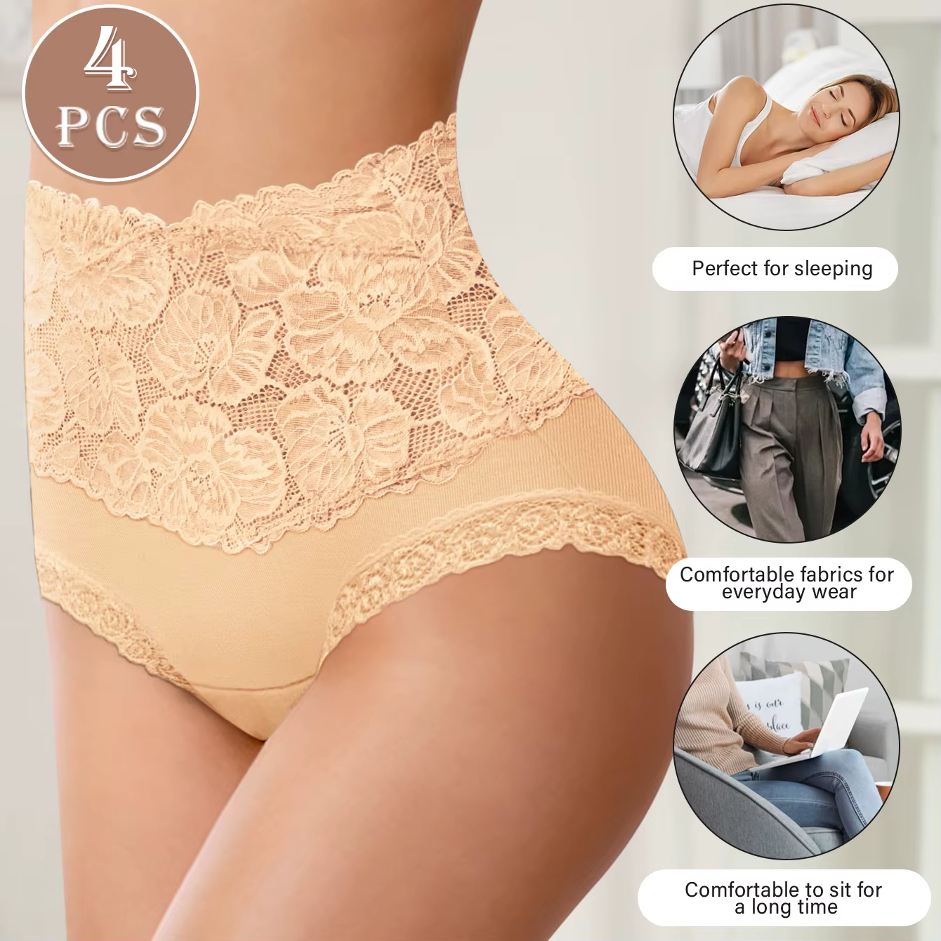 4 pièces culottes taille haute dames motif Jacquard Sexy dentelle hanche levage et mise en forme de la peau et doux confortable coton