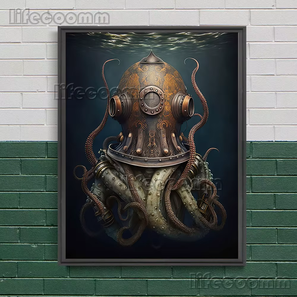 Pieuvre victorienne dans un chapeau haut de forme et Kraken Sea Diver Vintage Wall Art Canvas Painting, Funny Ocean Animal Art Poster, Print Decor