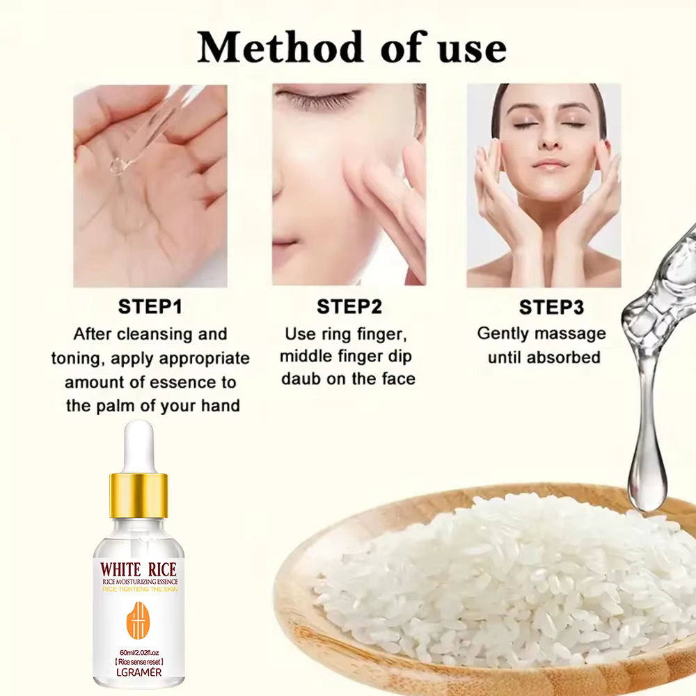 LGRAMER Essence de riz, sérum hydratant blanchissant pour le visage, élimination des taches de rousseur, réduction des rides, adapté à toutes les saisons, soins de la peau