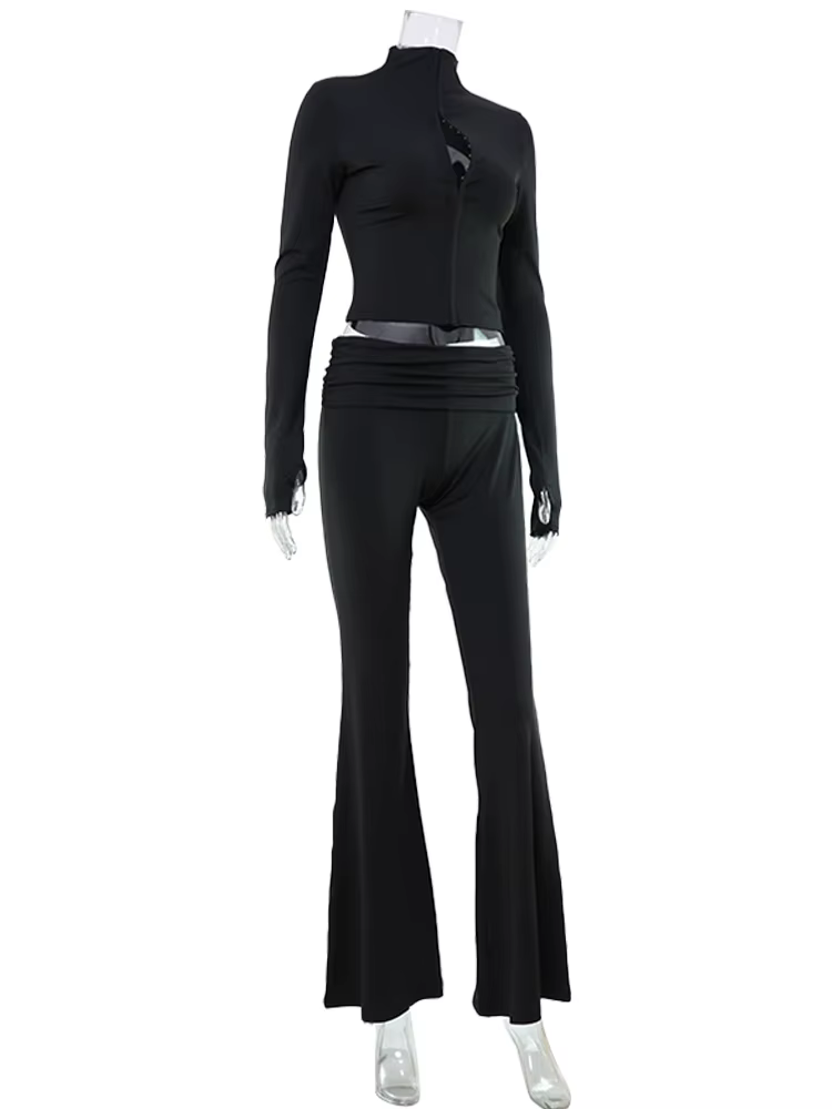 Gaine décontractée femmes costume mode Sexy col roulé à manches longues évider 2 pièces (hauts + pantalon Long) ensembles assortis femme survêtement