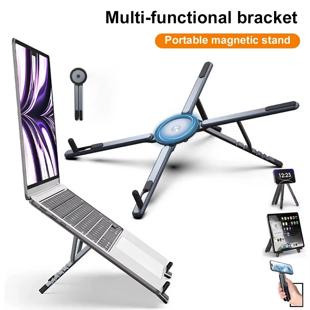Support de téléphone magnétique portable et perche à selfie 3-en-1, trépied pliable pour iPhone, iPad, tablette, ordinateur portable, utilisation sur ordinateur de bureau