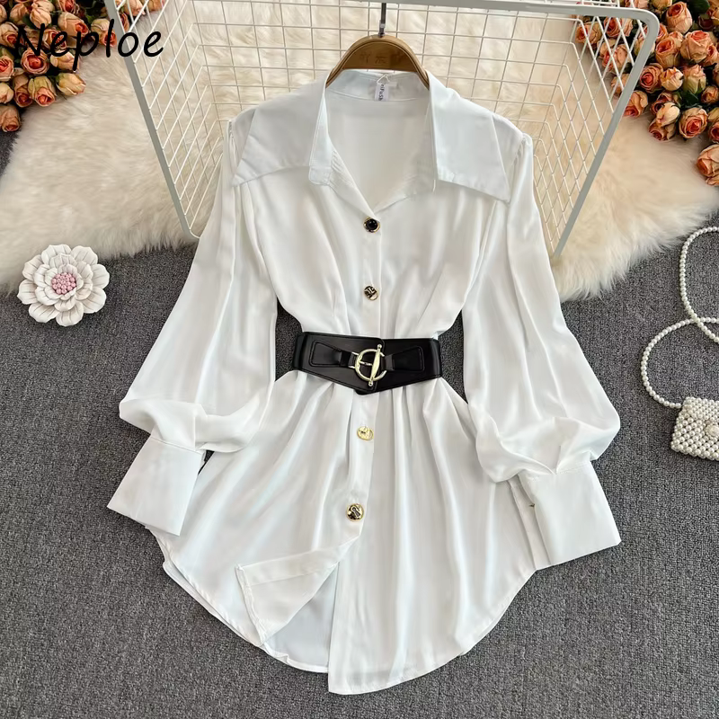 Neploe Printemps 2026 Nouvelle Robe Chemise Femme de Bureau Manches Longues Évasées Ceinture à Nouer Robe Courte Simple Boutonnage