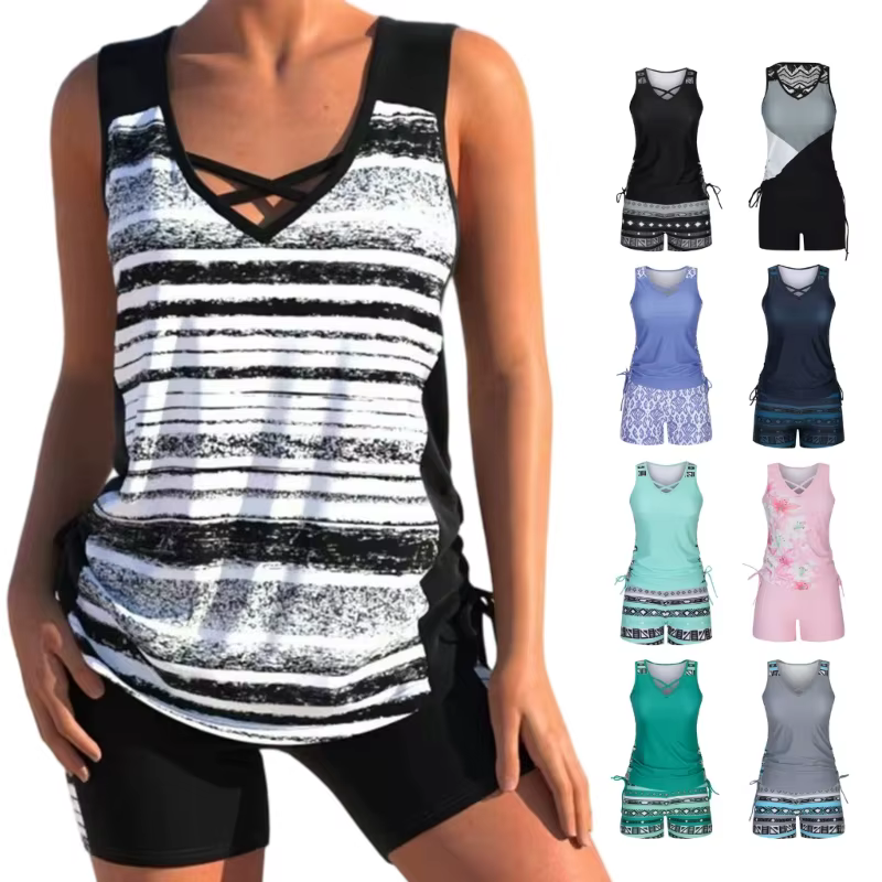Ensemble deux pièces Tankini pour femmes, col en V, détail sur le devant, haut avec bas Boyshort, vêtements plage pour
