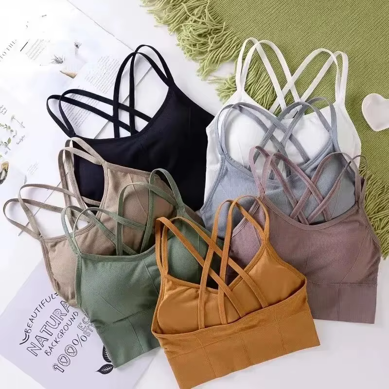 Soutien-gorge de sport sexy pour femme, dos croisé, push-up, respirant, doux, couleur unie, pour la course et le yoga