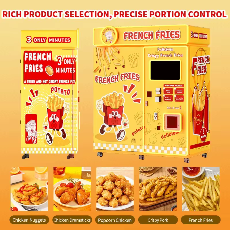 Distributeur automatique de frites entièrement automatique avec écran tactile, paiement sans espèces, machine à snacks en libre-service, capacité personnalisable pour