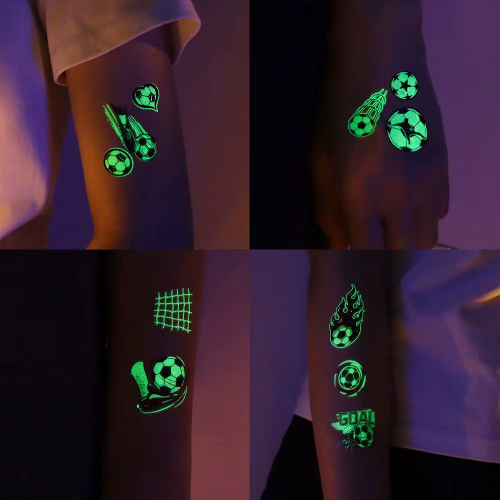 10 feuilles de tatouages temporaires lumineux sur le thème du football, qui brillent dans le noir, pour les fans de football, décorations pour fêtes