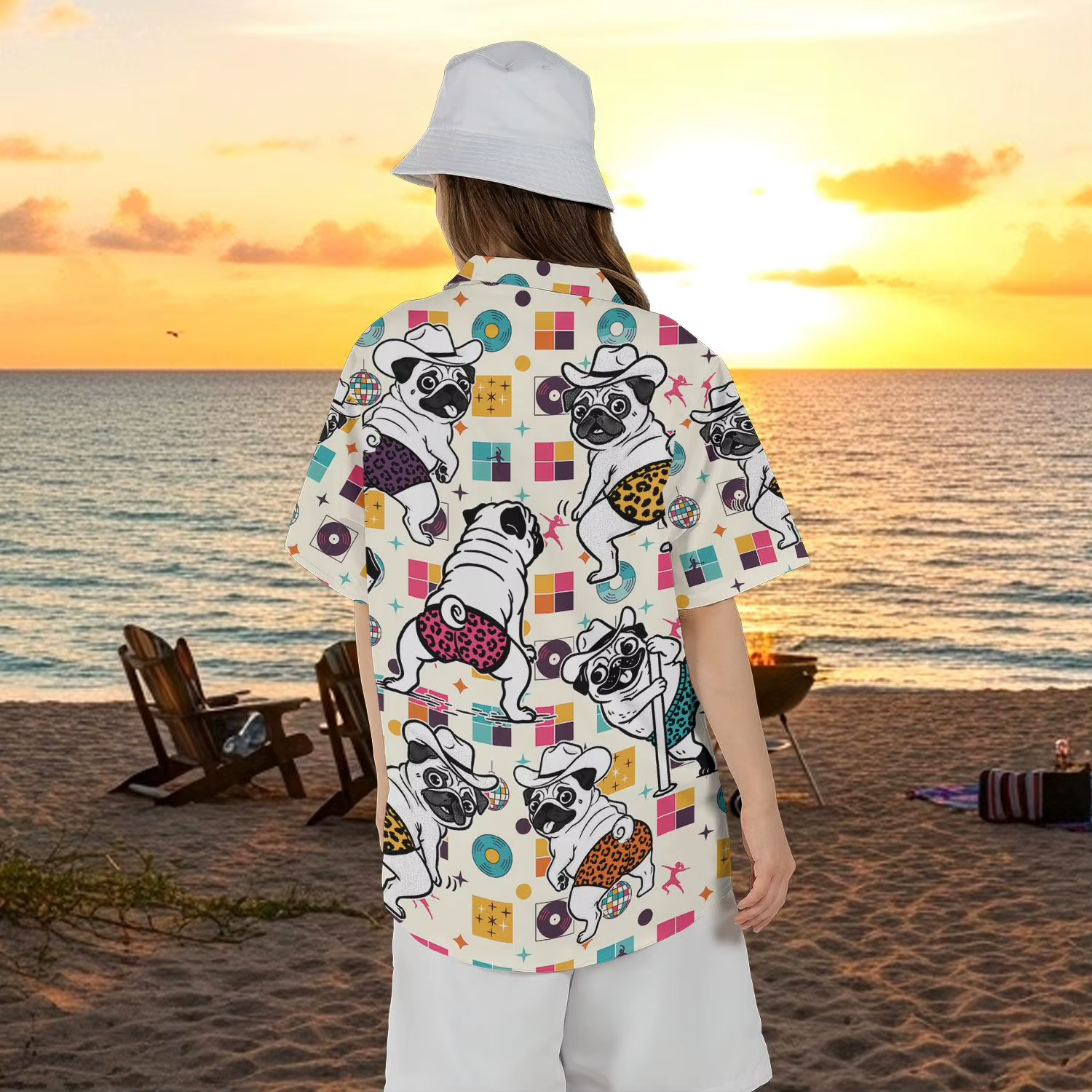 Nouvelle Chemise Hawaïenne Amusante à Motif Pug Danseur de Pole Dance, Style Disco Aloha Original, à Boutons, Cadeau pour Amateurs d'Animaux, Haut de Fête Unisexe pour Propriétaires de Pugs