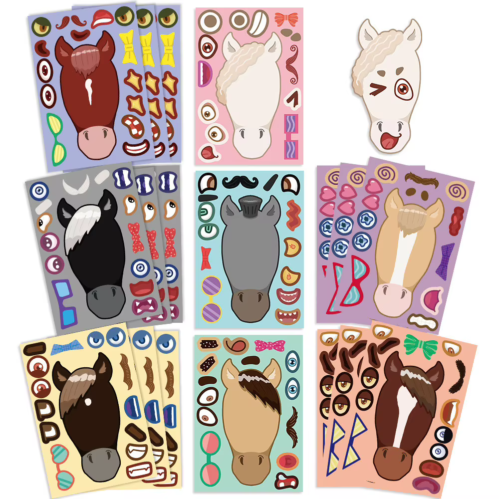 8 modèles d'autocollants de collage tête de cheval de dessin animé - Autocollants imperméables DIY pour journaux, étuis de téléphone et carnets AnimeWorlds Store