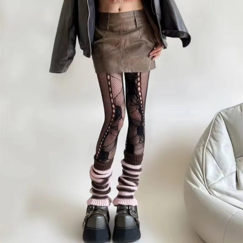 Collants français romantiques en maille creuse pour femmes
