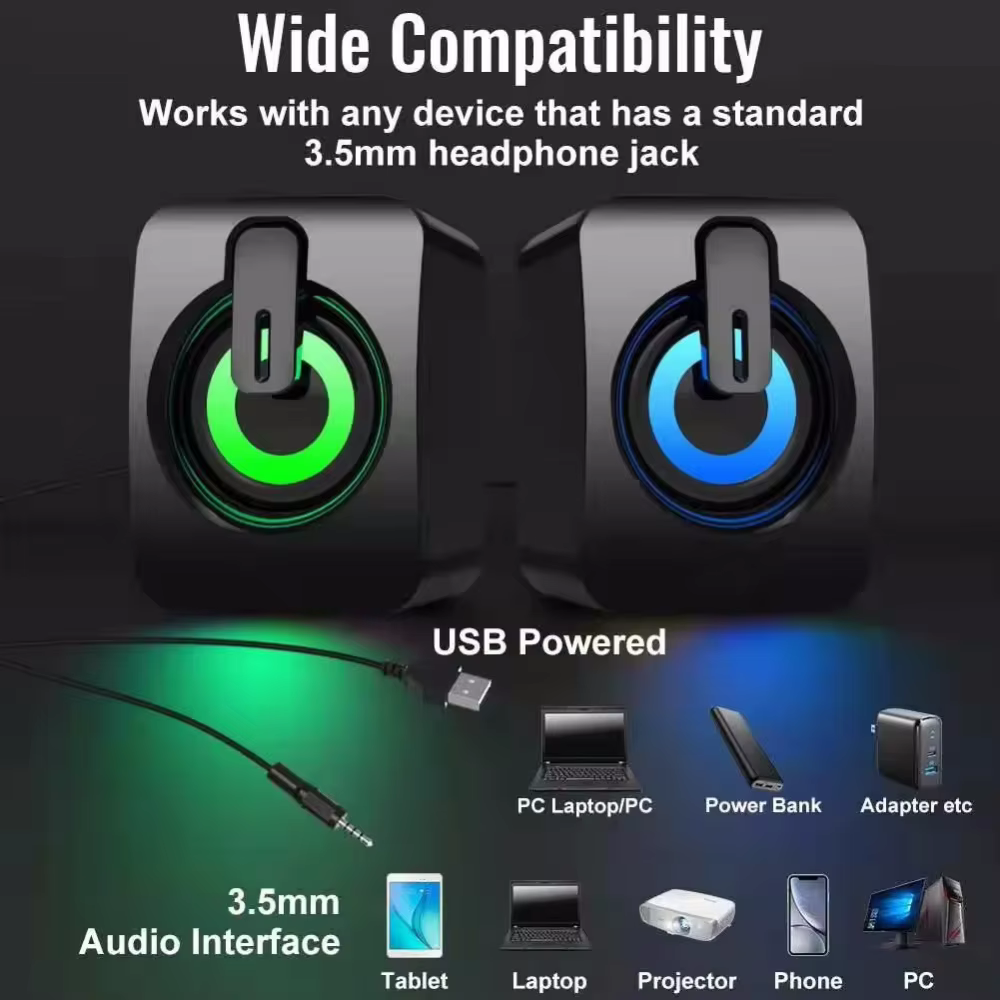 Haut-parleurs d'ordinateur, boîte de son PC, microphone stéréo HIFI avec lumière LED pour ordinateur de bureau, musique surround, haut-parleurs de jeu RGB
