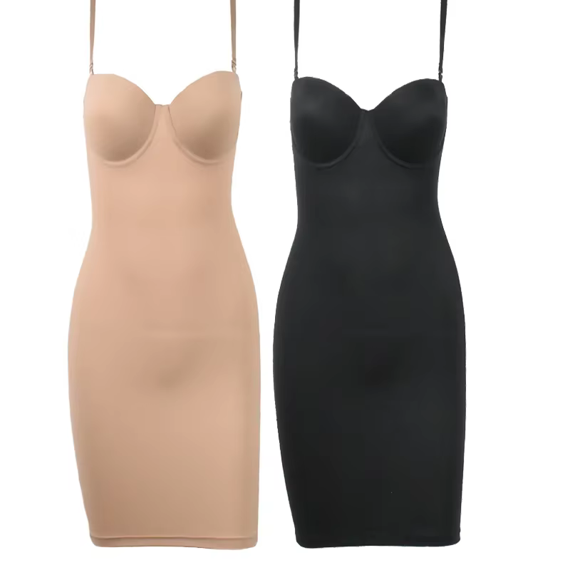 Minceur pleine longueur Shapewear glisse nue droite Tube robe corps Shaper femmes maigre sous les robes à armatures tasse noir