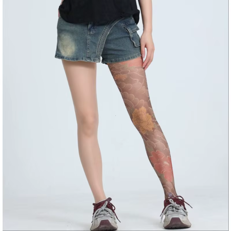 Collants imprimés Sexy pour femmes faux tatouage pivoine