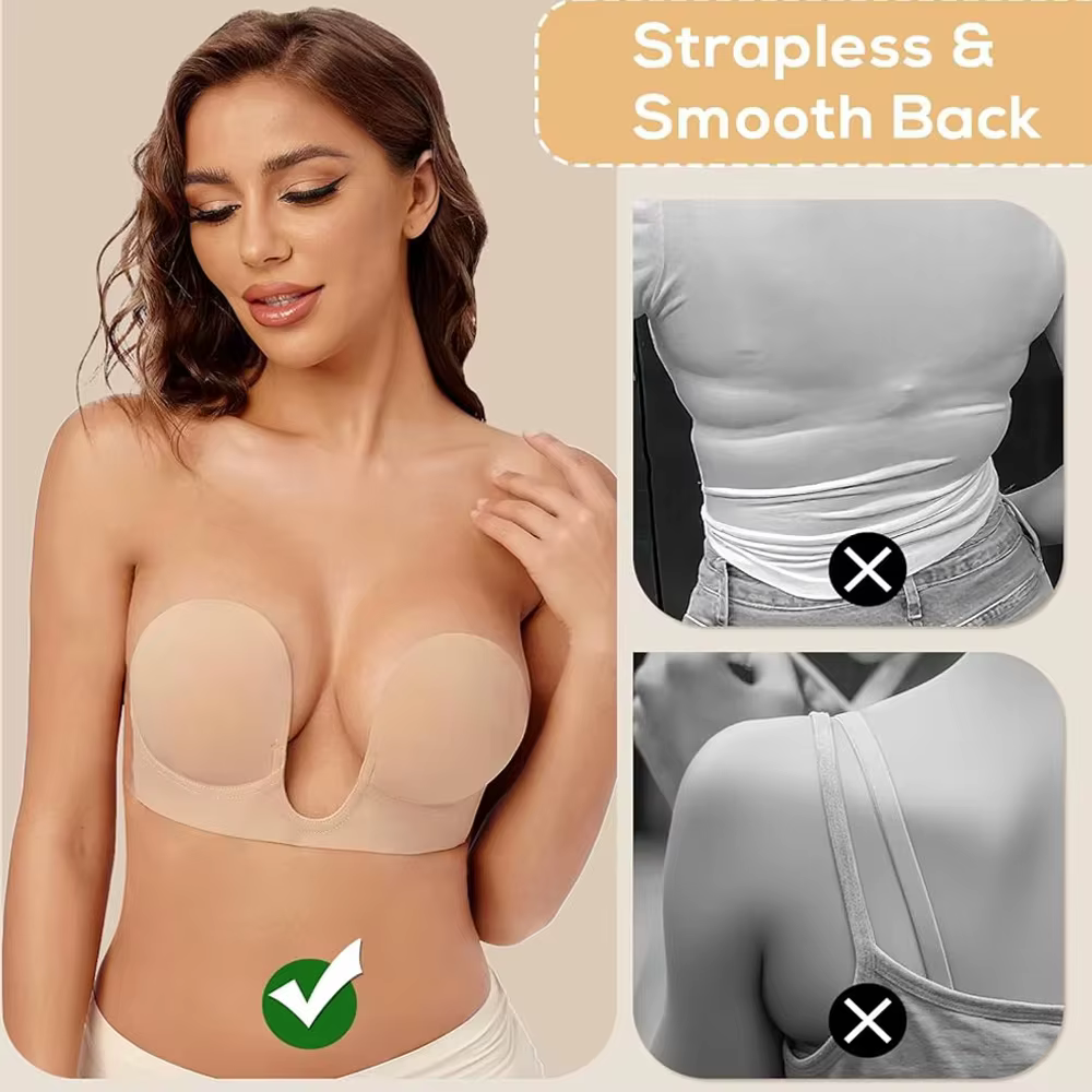 Soutien-gorge adhésif push-up sans bretelles à décolleté plongeant pour femme