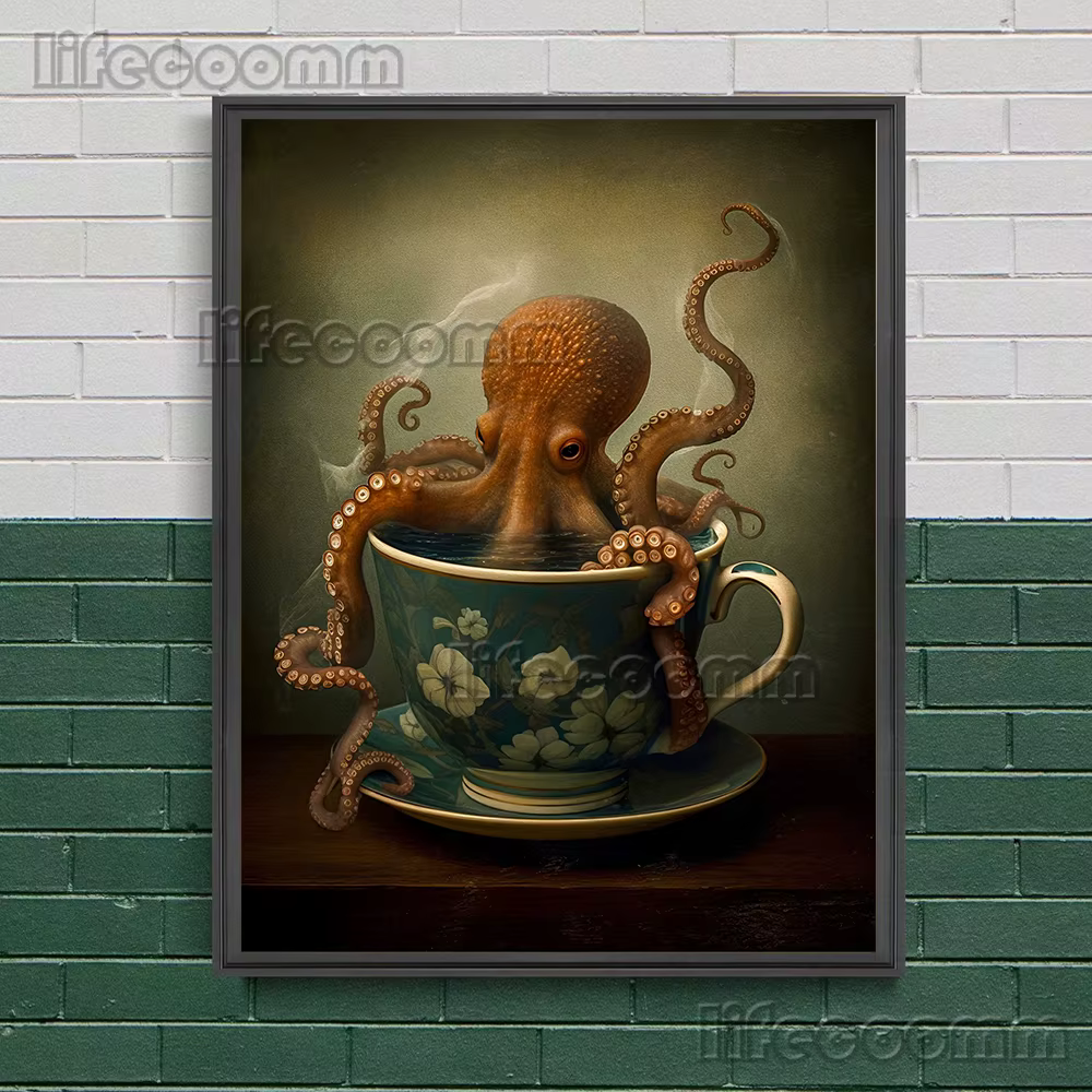 Pieuvre victorienne dans un chapeau haut de forme et Kraken Sea Diver, Art mural vintage, Peinture sur toile, Animal océanique drôle, Affiche imprimée, Décor
