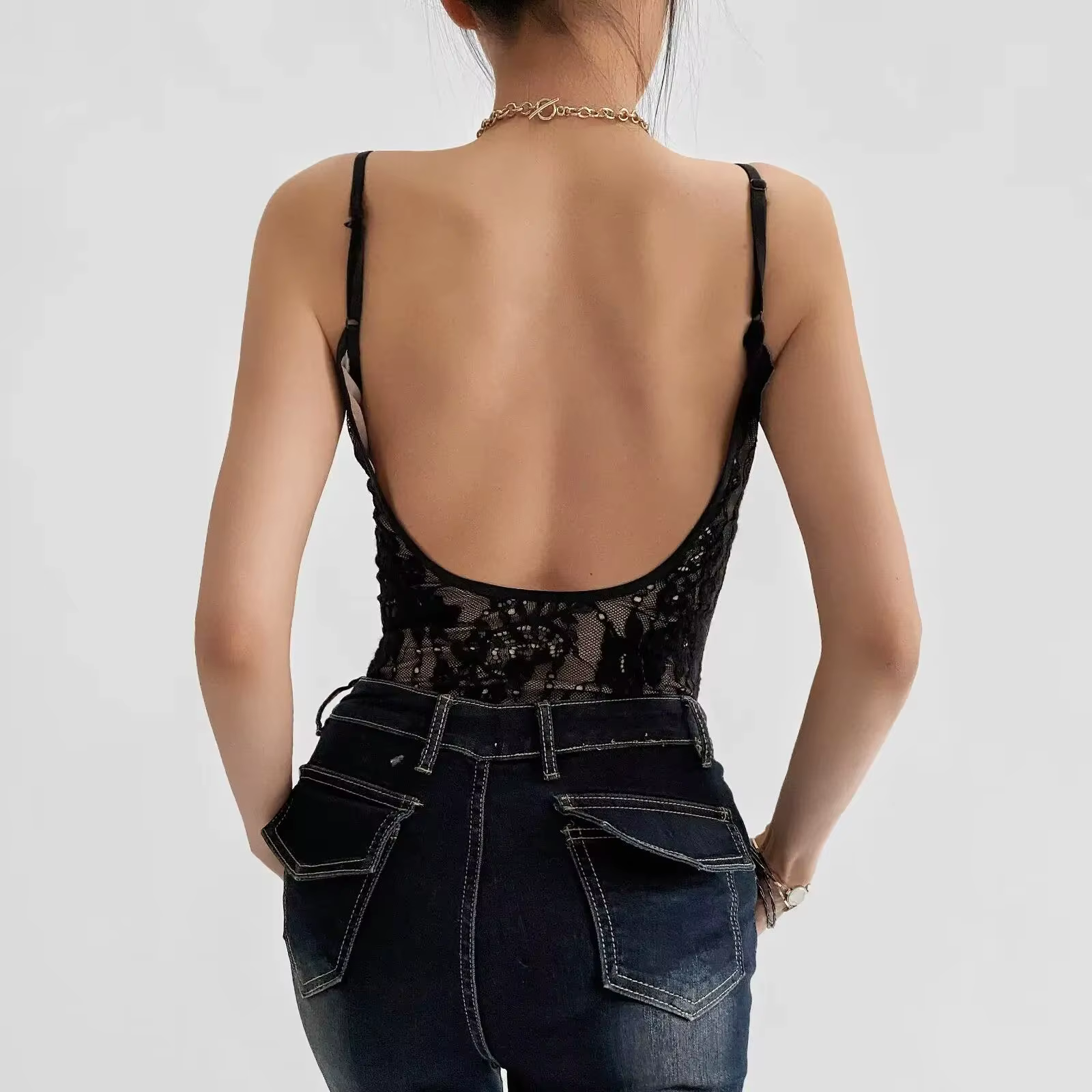 Combinaison Courte Femme Sexy Transparente en Dentelle avec Doublure