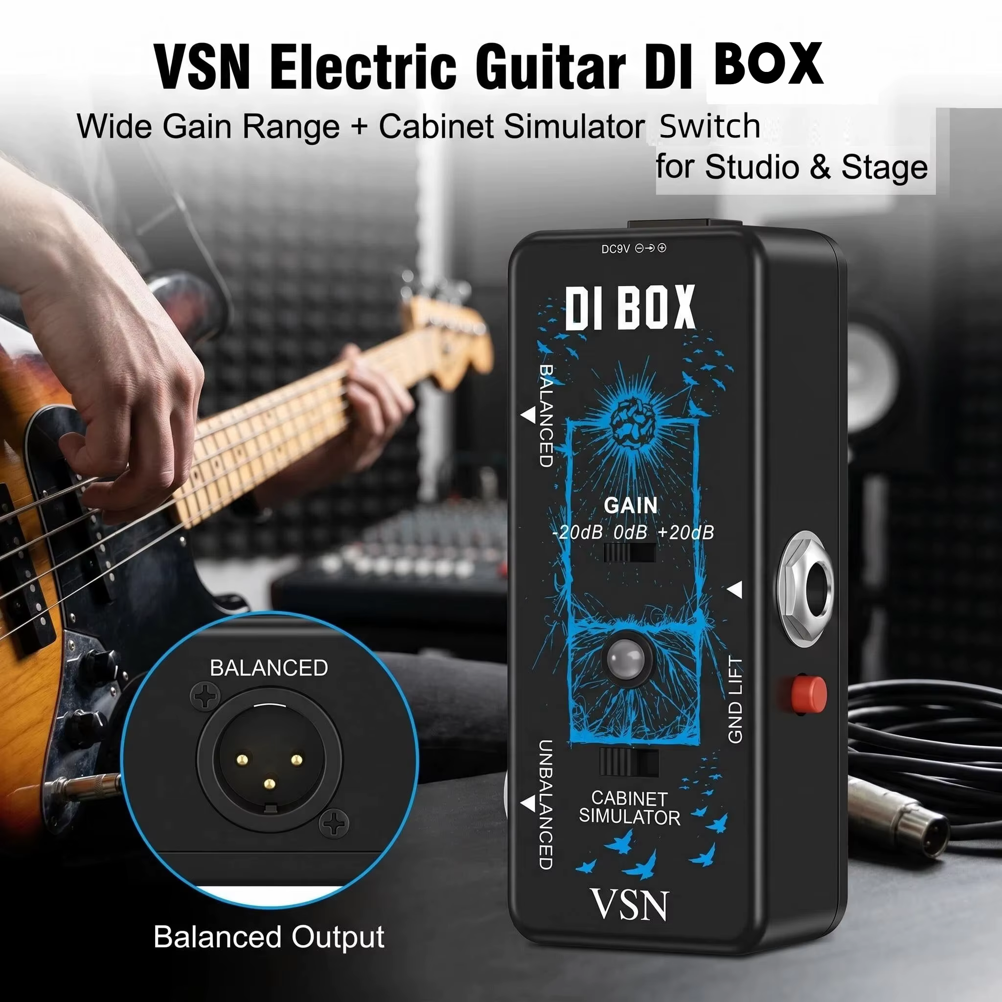 Boîtier de direct DI multifonctionnel VSN Mini pour pédale de guitare avec contrôle de gain, simulateur de cabinet et interrupteur – Appareil musical