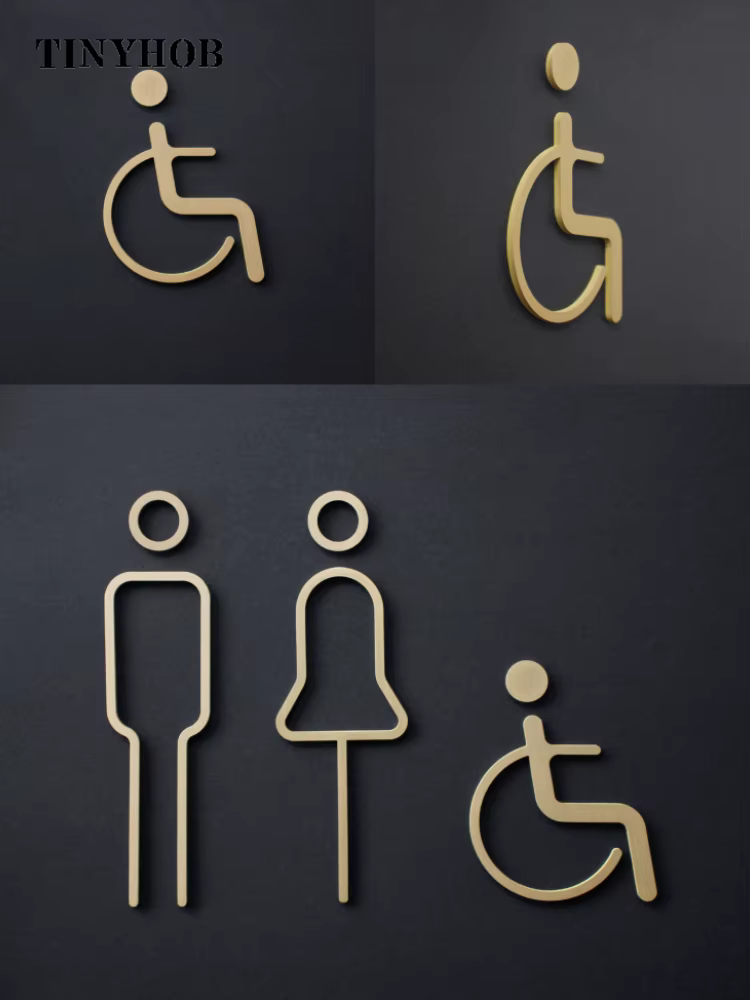 Autocollants muraux créatifs en laiton, signe d'entrée de WC, papier peint de toilette, décoration de la maison