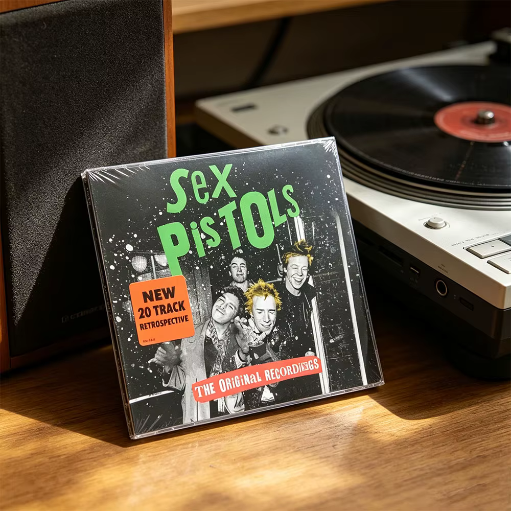 CD 'The Original Recordings' du groupe de punk rock britannique pionnier Sex Pistols, comprenant des titres comme 'God Save The Queen'.
